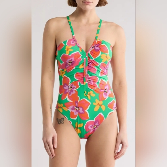 Sanctuary Tropical Print Lined Shirred Front One Piece Swimsuit Size M - Picture 3 of 11